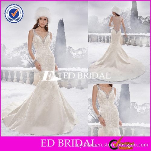 Elegant Custom Made Sleeveless Appliques Scatter Beading Mermaid Satin Bridal Gown 2016